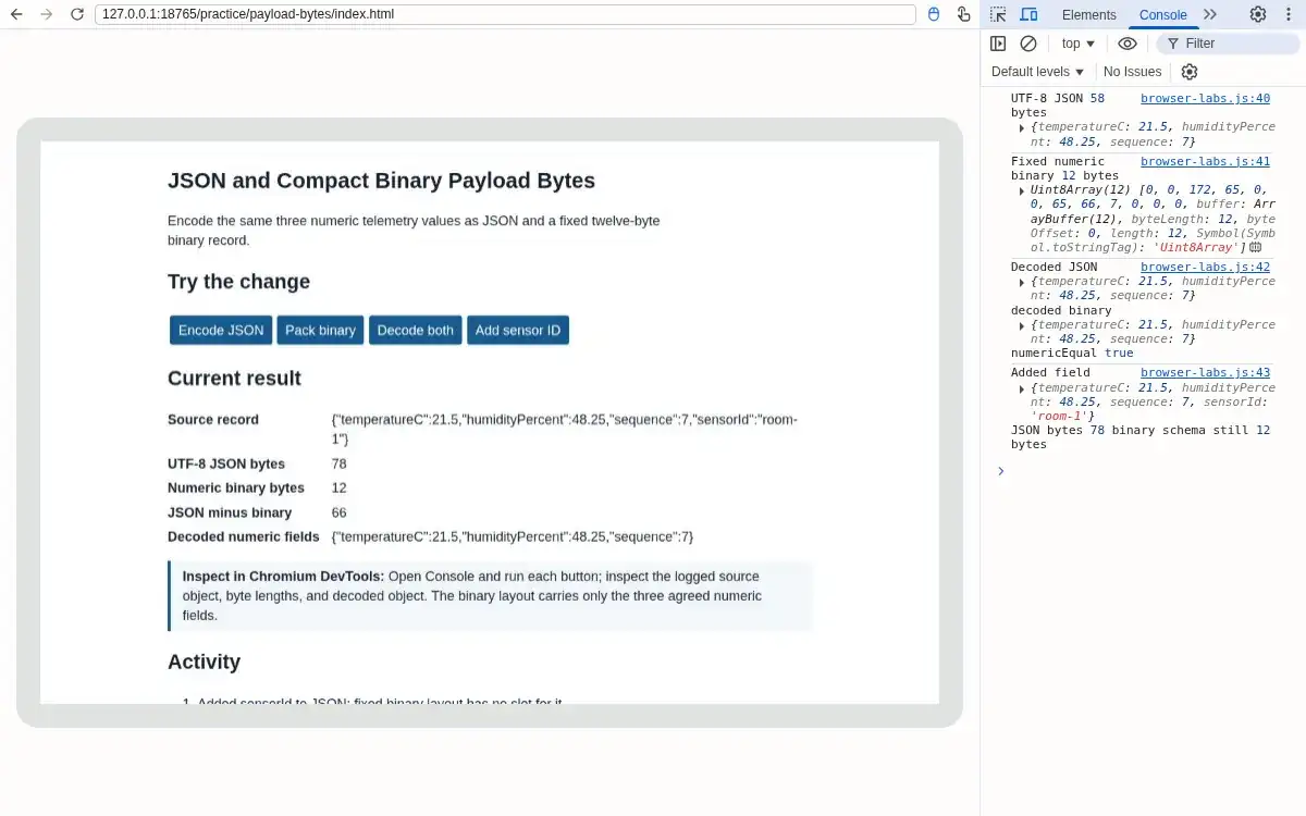 Real Chromium browser and DevTools: JSON becomes 78 B, binary remains 12 B, difference 66 B.
