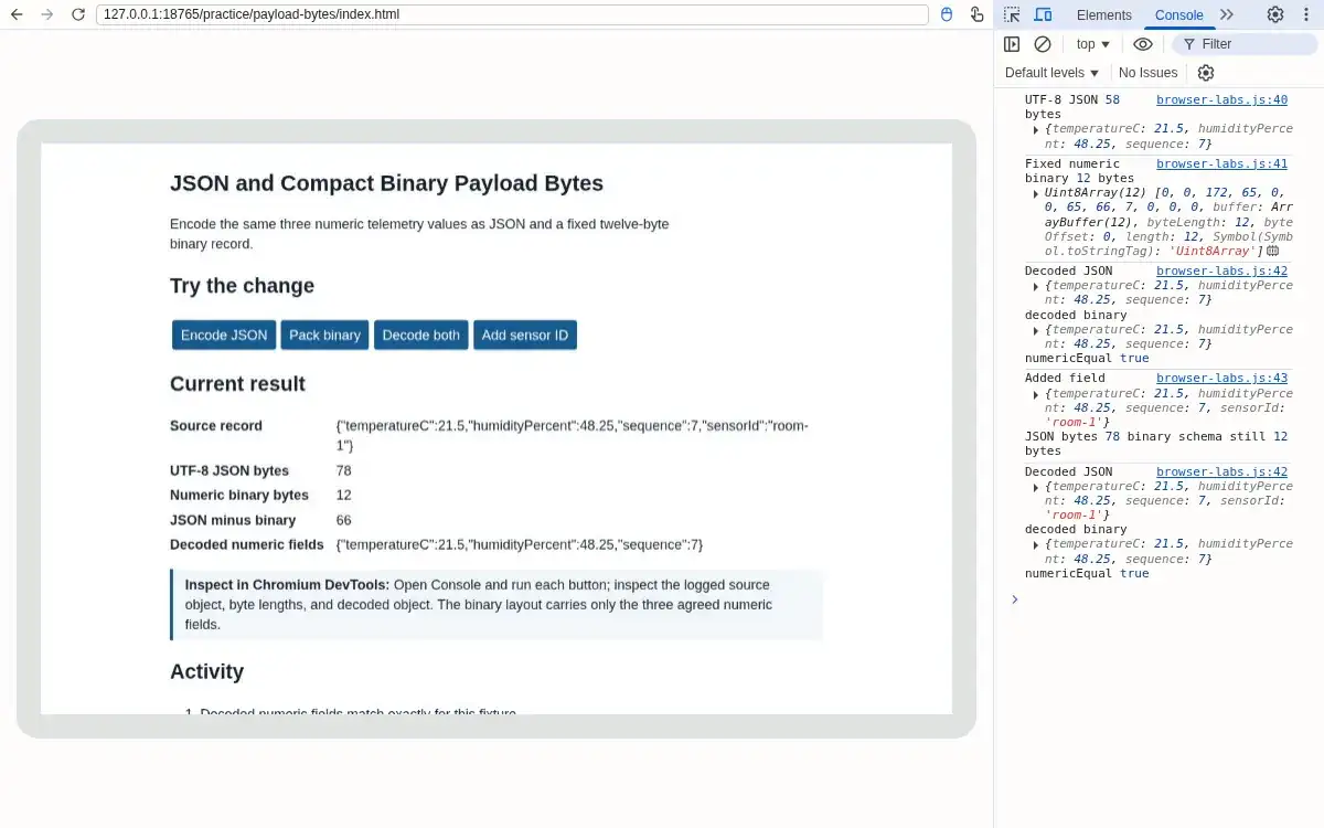 Real Chromium browser and DevTools: Console reports numericEqual true for the three numeric fields; JSON also contains sensorId.