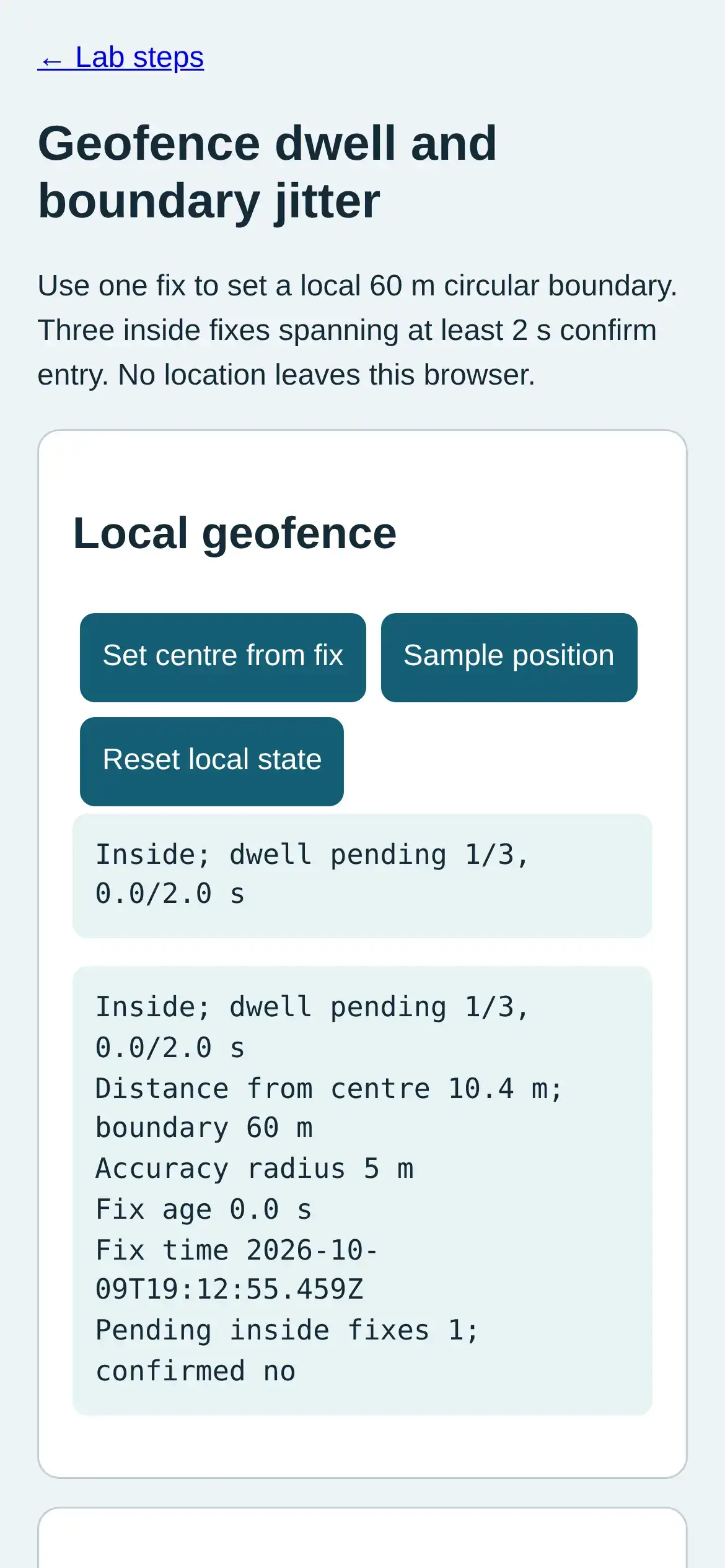 Step 4: real mobile Chromium screenshot showing Inside; dwell pending 1/3, 0.0/2.0 s