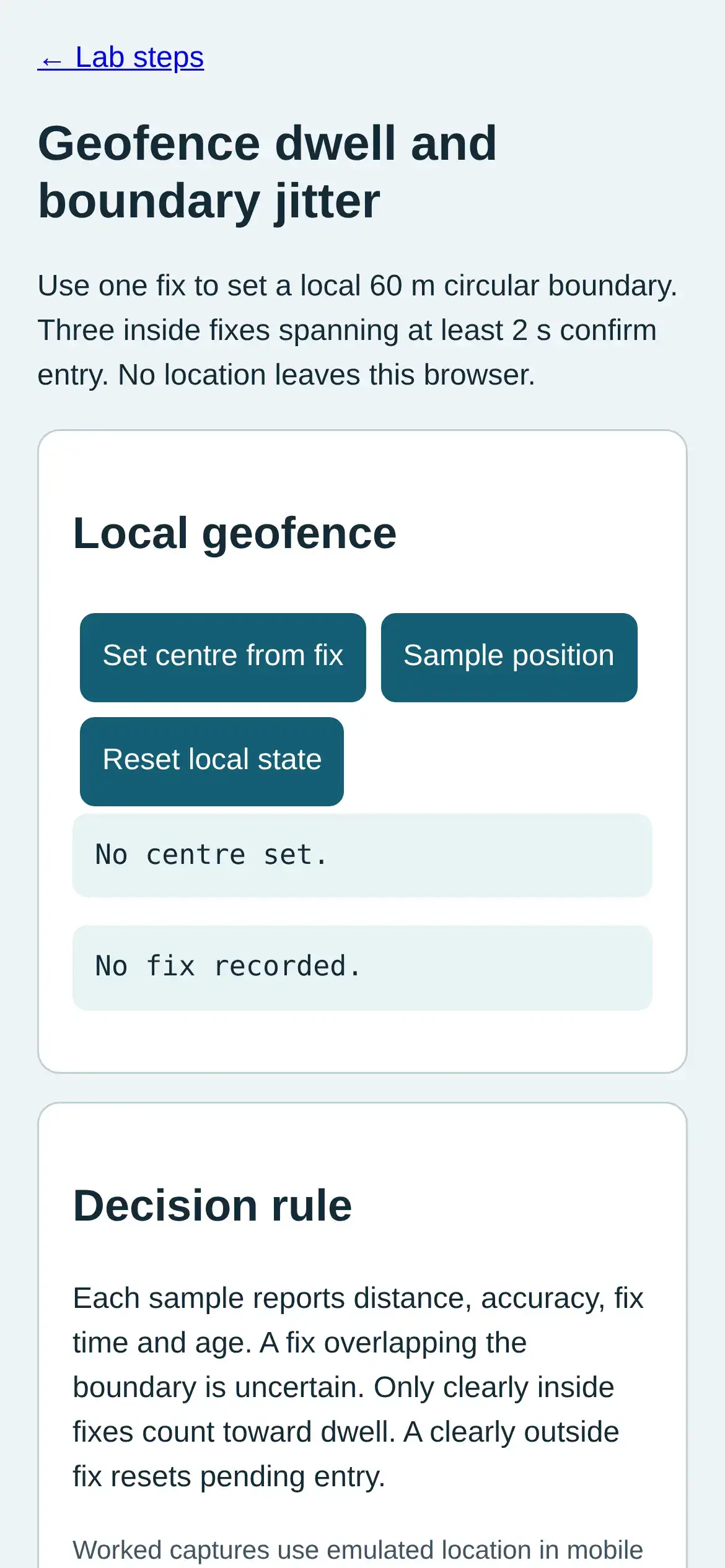 Step 6: real mobile Chromium screenshot showing No centre set.