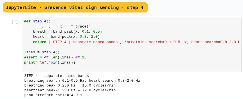 JupyterLite presence-vital-sign-sensing step 4: its executed cell and printed evidence.