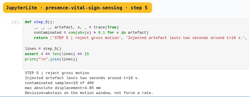 JupyterLite presence-vital-sign-sensing step 5: its executed cell and printed evidence.