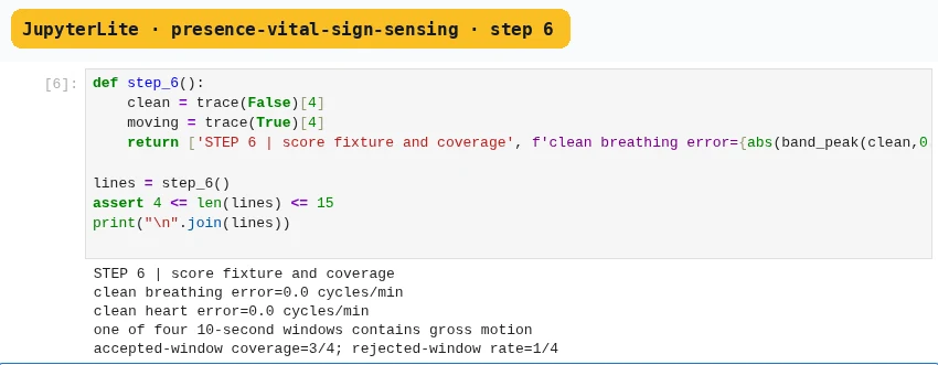JupyterLite presence-vital-sign-sensing step 6: its executed cell and printed evidence.