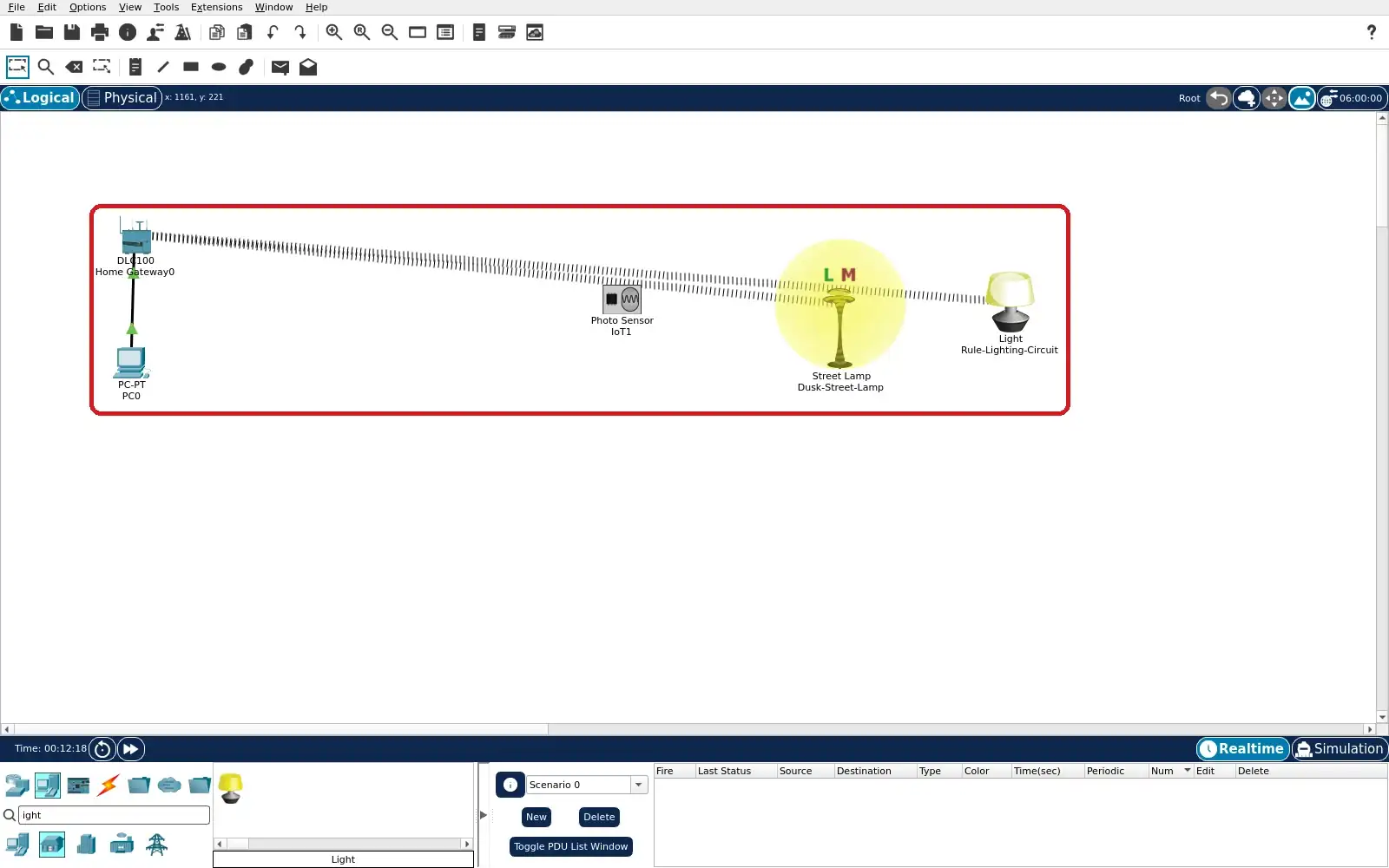 Step 1: Packet Tracer Logical topology with gateway, PC, photo sensor, street lamp and rule-controlled light.