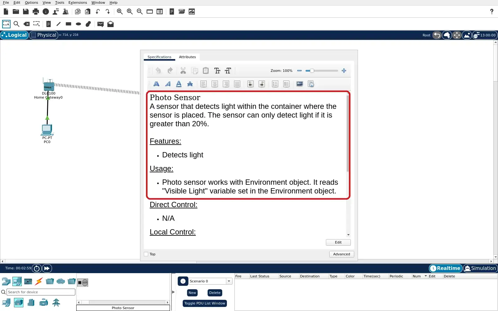 Step 2: Real Photo Sensor specification describing the Visible Light environment variable.