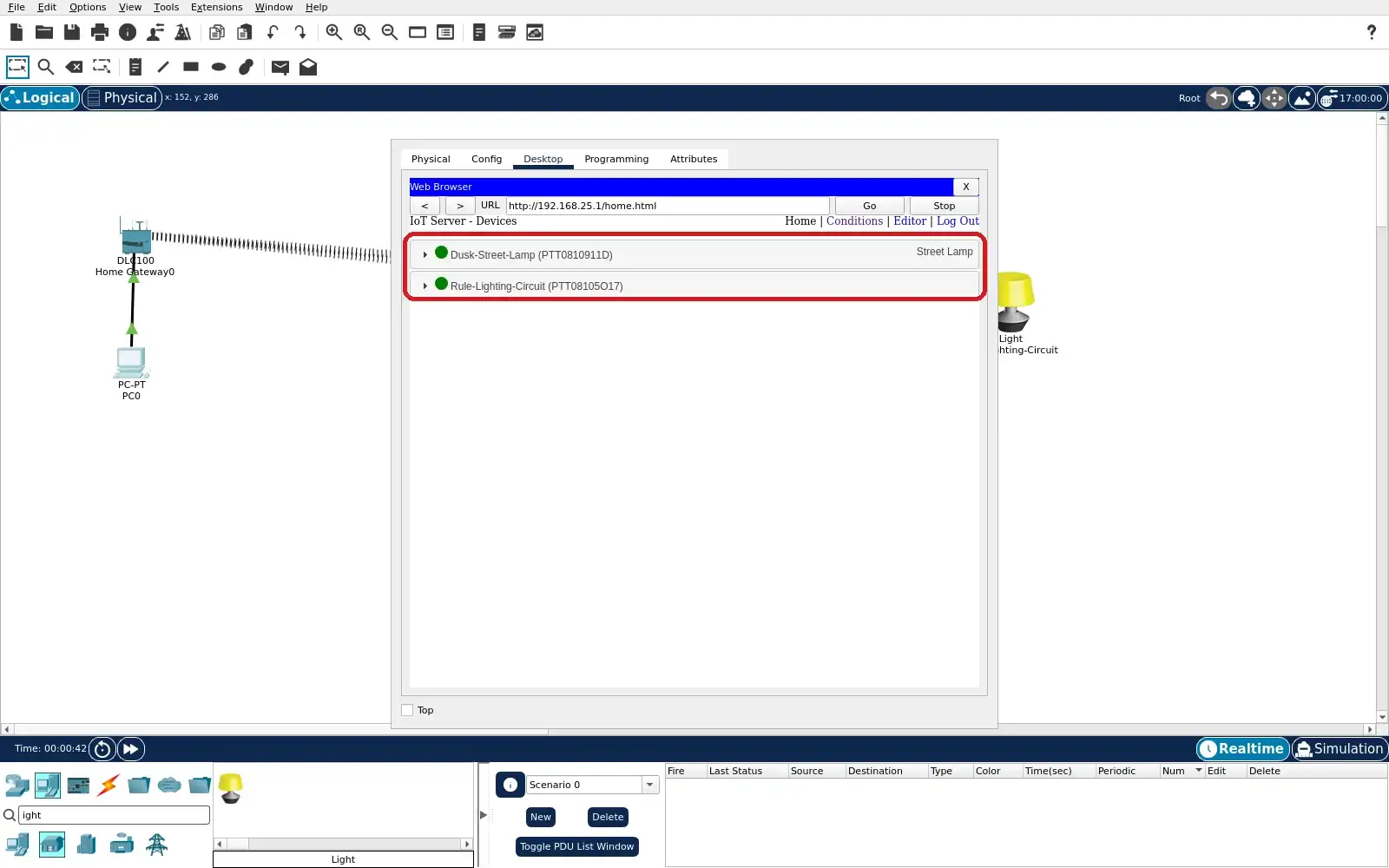 Step 4: Reopened gateway Home list with Street Lamp and rule-controlled Light registered.