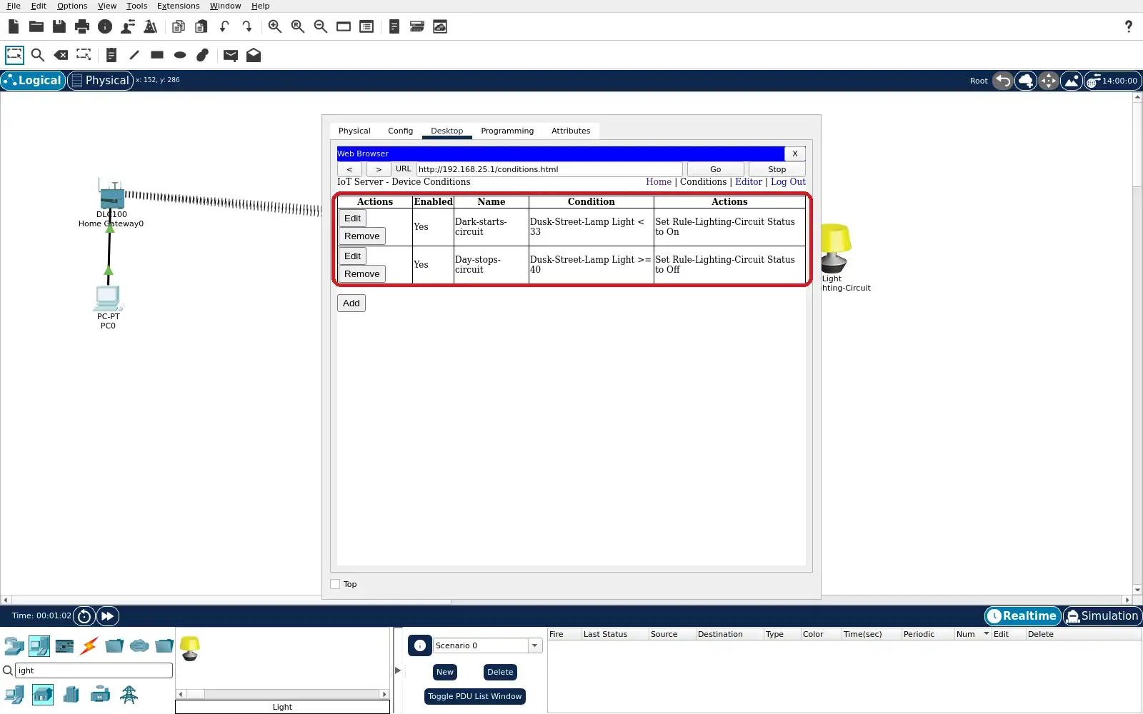 Step 5: Two enabled gateway Conditions with low-light On and daylight Off thresholds.