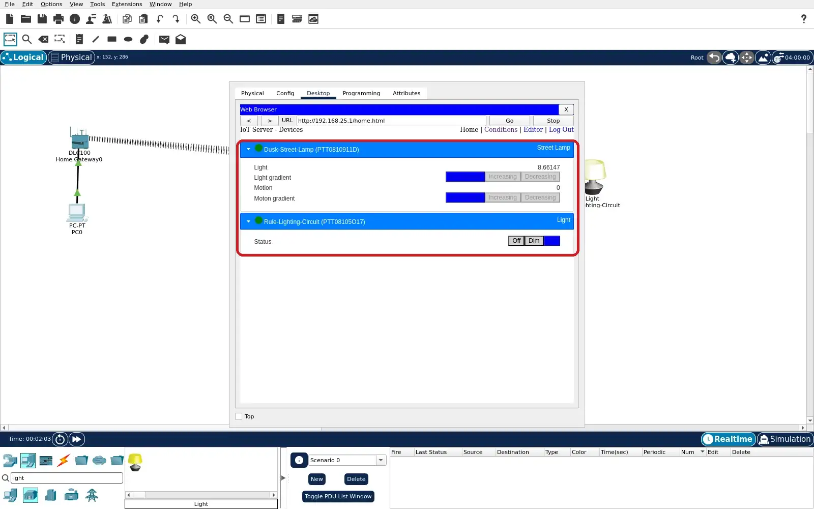 Step 8: Gateway Home before dawn with Street Lamp Light 8.66147 and circuit Status On.