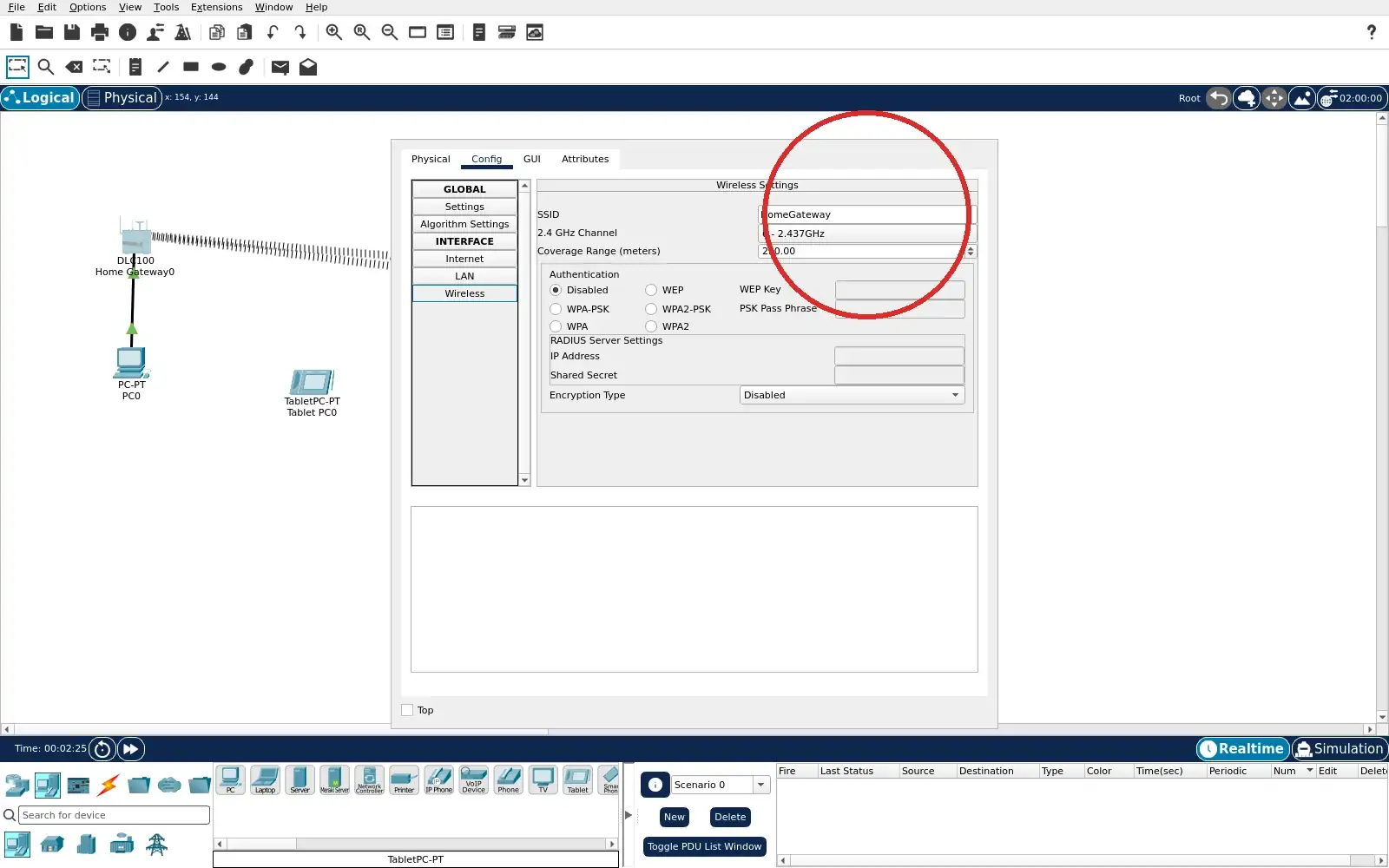 Real Packet Tracer screenshot for gateway registration boundary step 2.