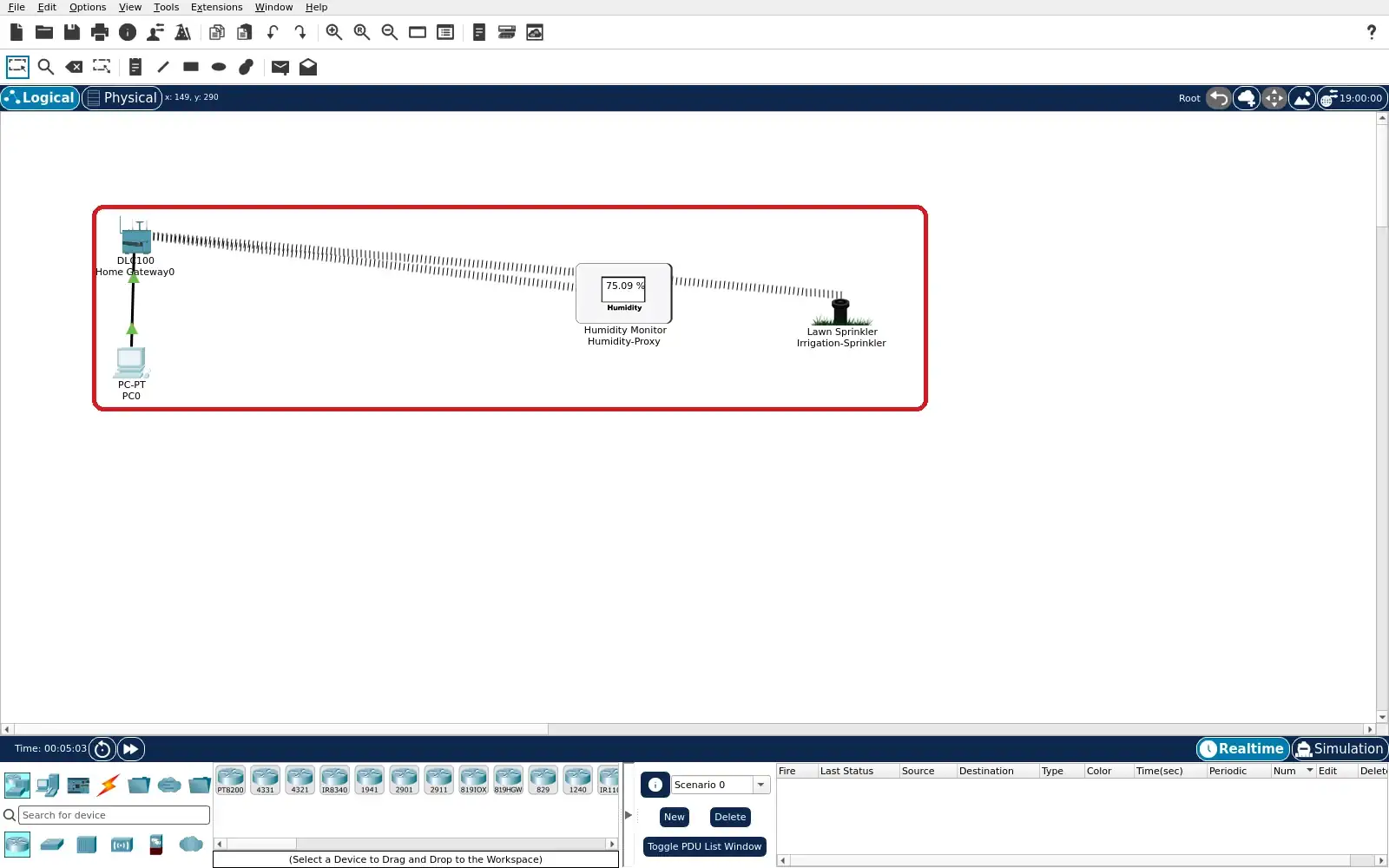 Step 1: Logical Packet Tracer topology with gateway, PC, humidity monitor and lawn sprinkler.