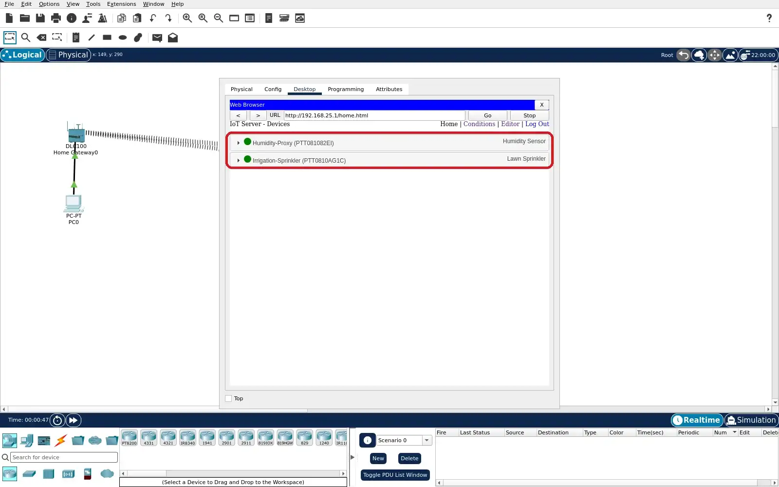 Step 2: Gateway browser listing the registered humidity monitor and lawn sprinkler.