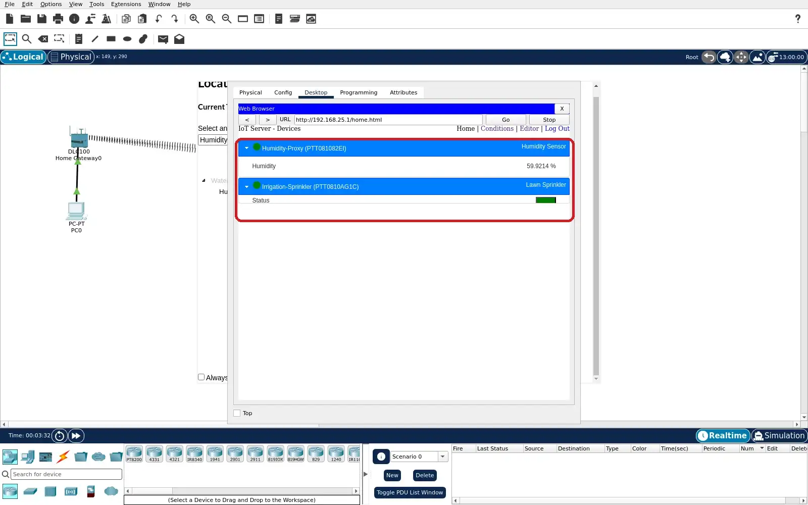 Step 6: Gateway browser with 59.9214 percent humidity and sprinkler Status true.