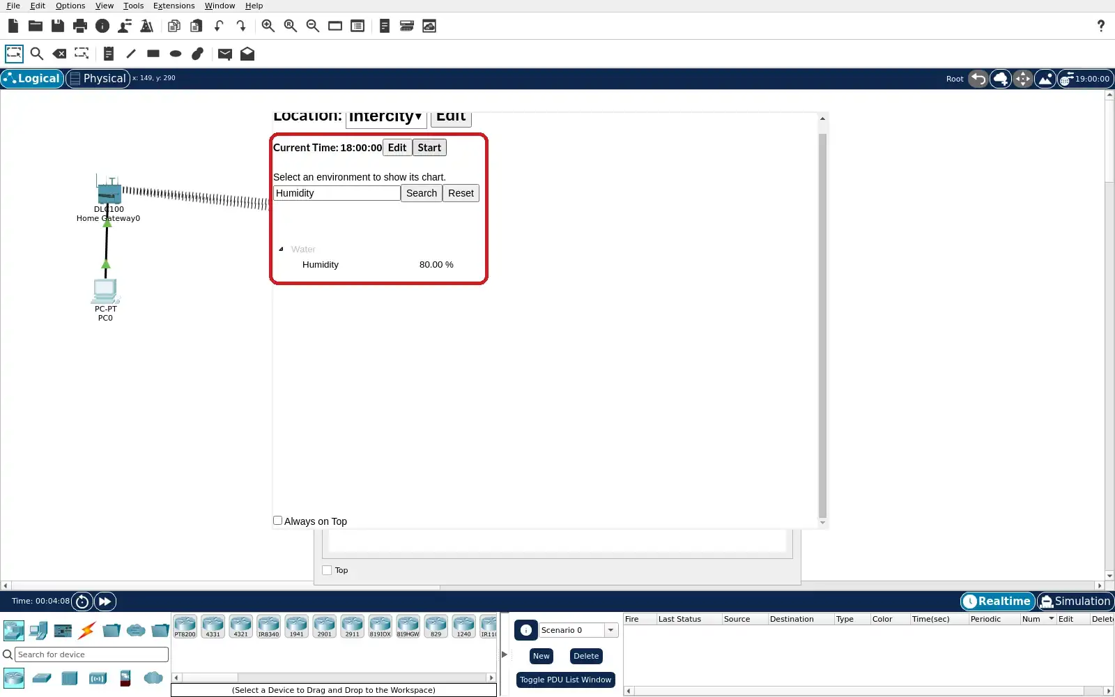 Step 7: Packet Tracer Environment view at 6 PM with 80.00 percent humidity.