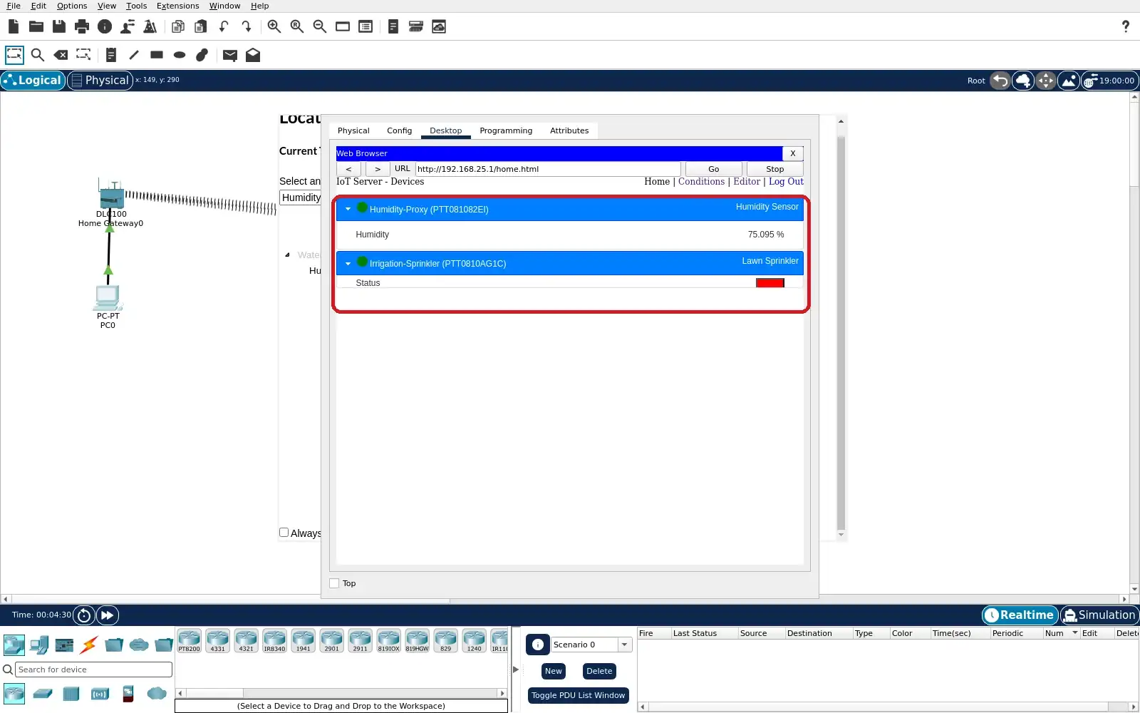 Step 8: Gateway browser with 75.095 percent humidity and sprinkler Status false.