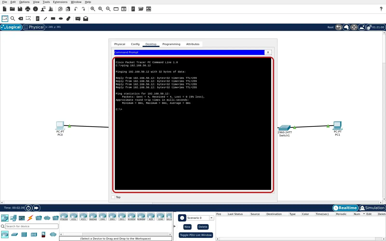 Real PC0 Packet Tracer Command Prompt with four replies from HMI0 and zero loss.