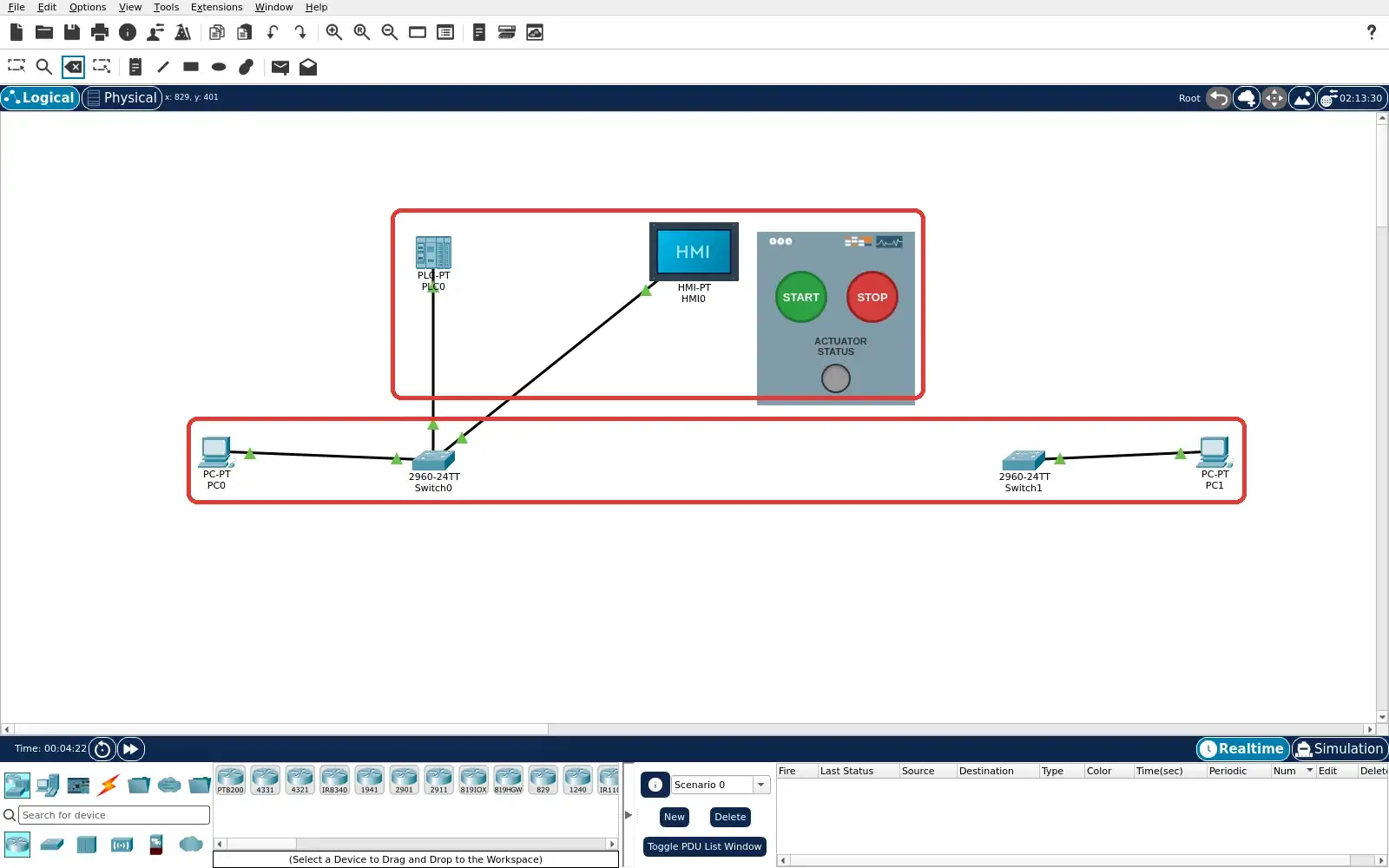 Real Packet Tracer Logical view after the inter-switch cable was removed; plant and operator switches are separate.