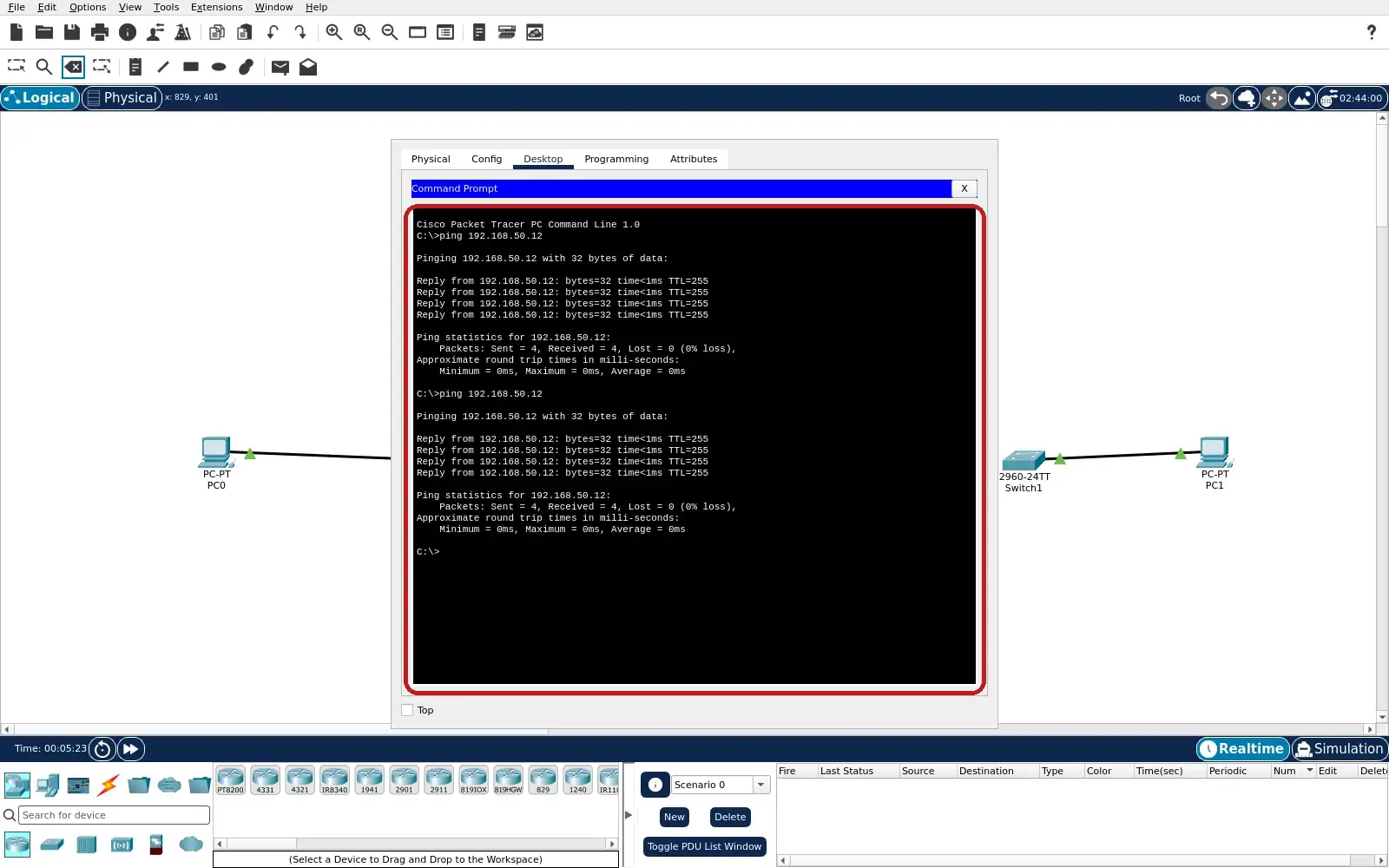 Real PC0 Packet Tracer Command Prompt with a second four-reply HMI ping during the inter-switch fault.