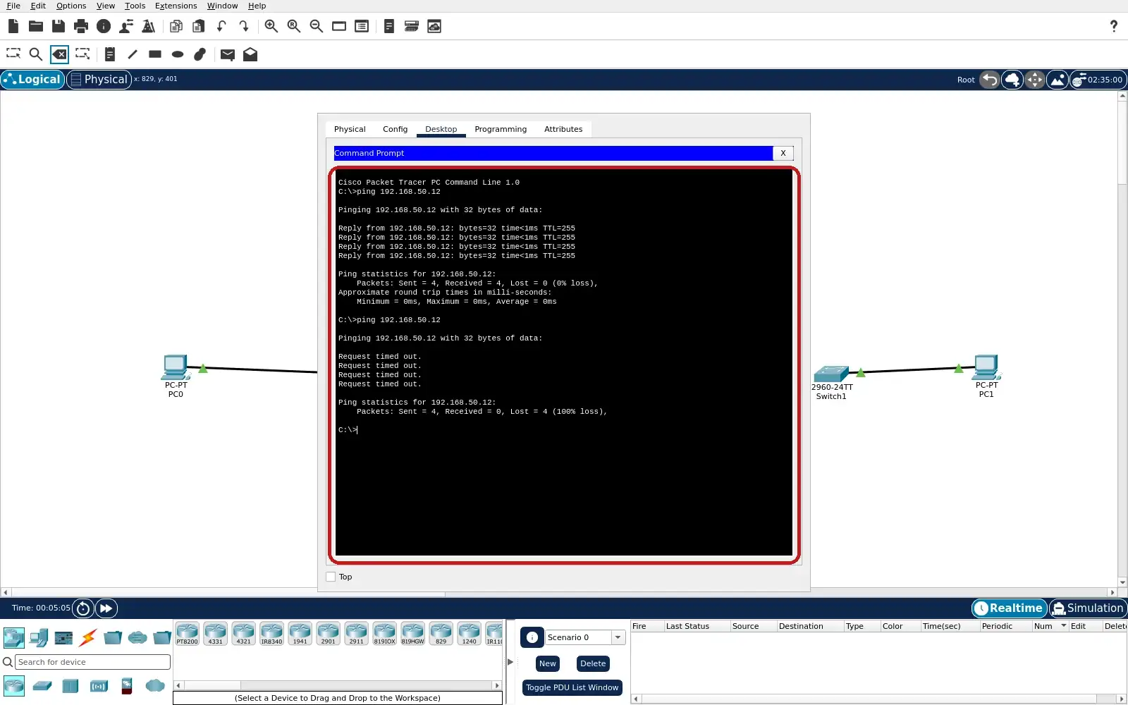 Real PC1 Packet Tracer Command Prompt showing four HMI ping timeouts and 100 percent loss after the cable fault.
