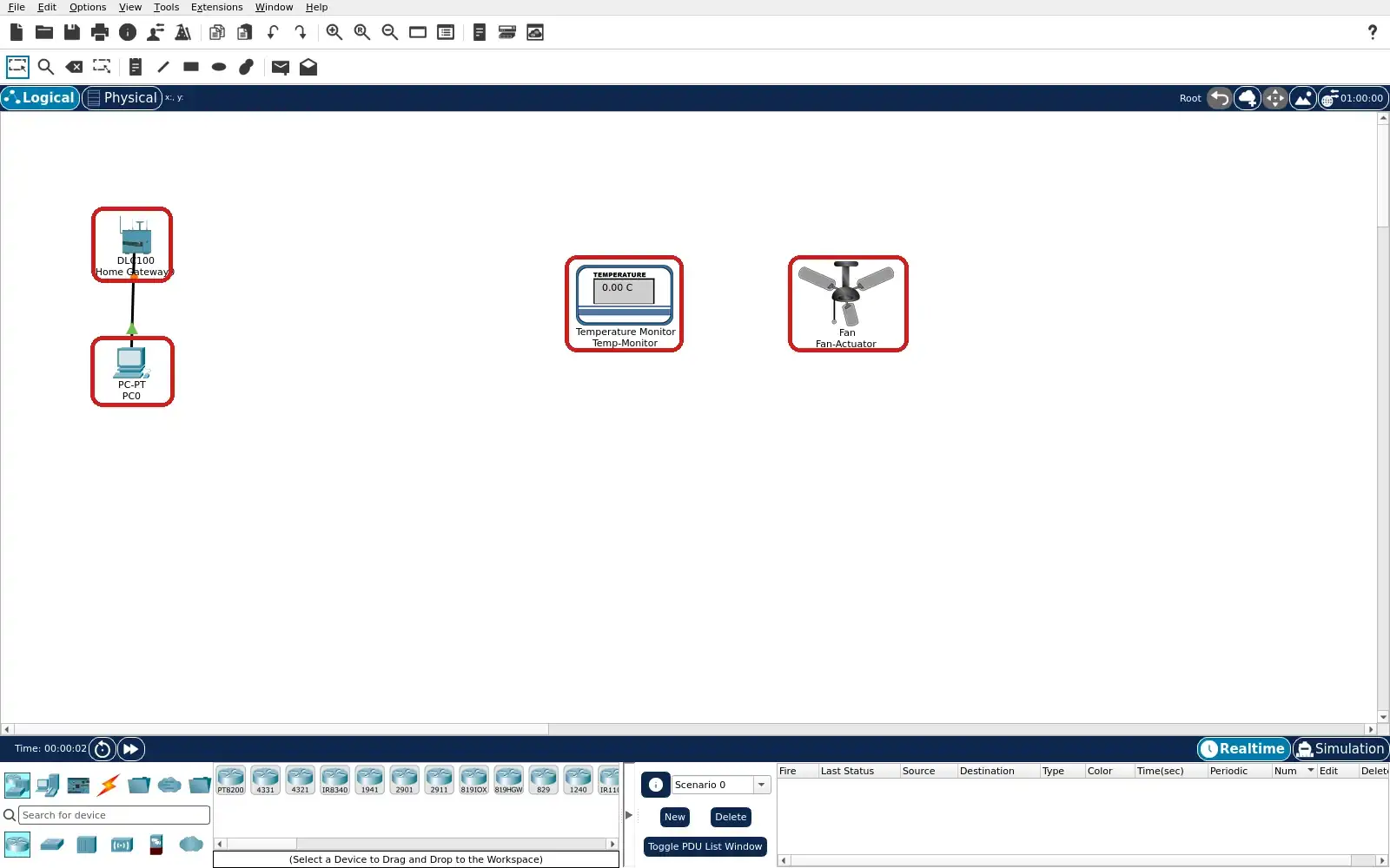 Step 1: Reopened Packet Tracer topology with gateway, PC, temperature monitor and stationary fan.