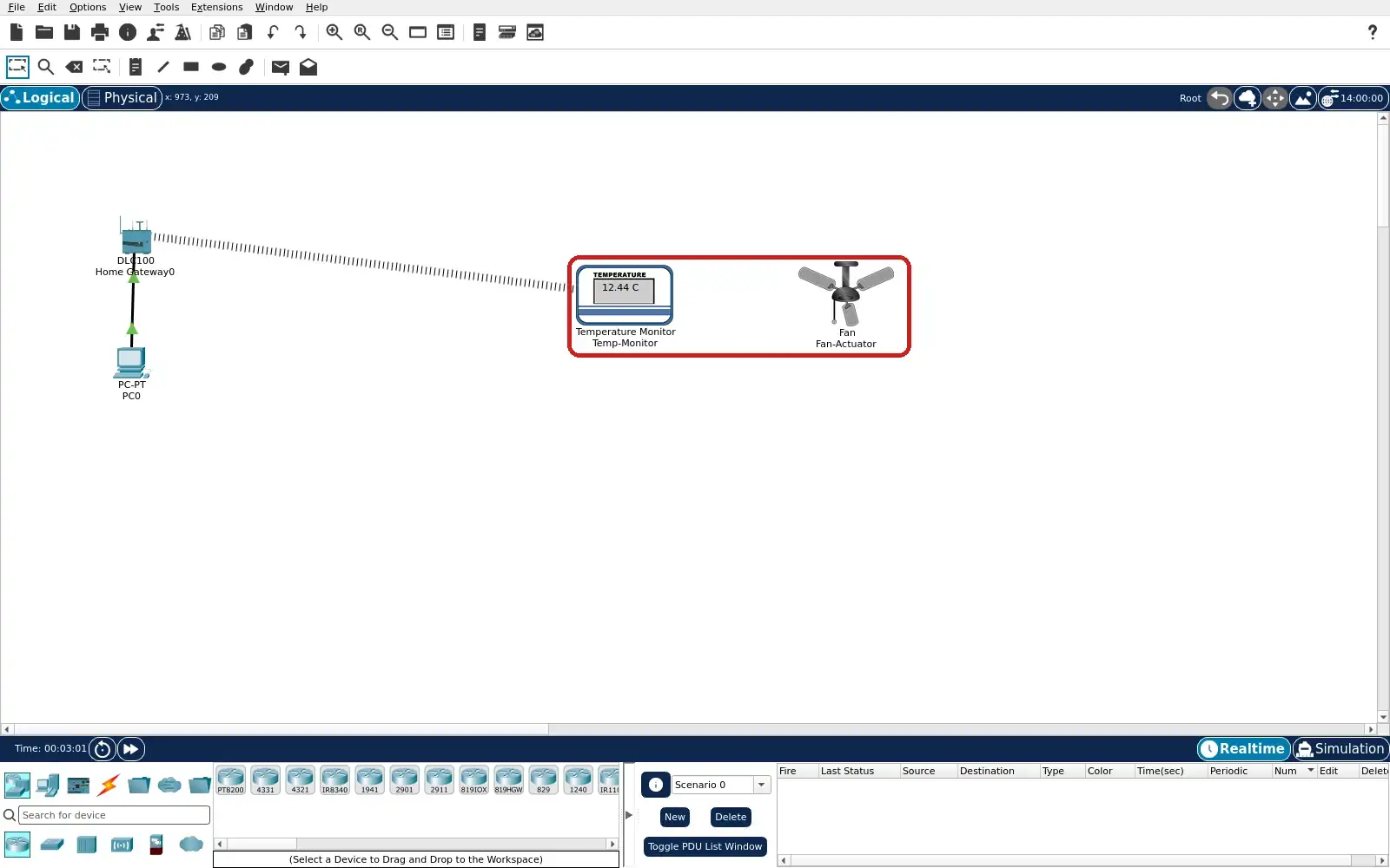 Step 8: Packet Tracer Logical workspace with 12.44 C and manually stopped fan after link loss.