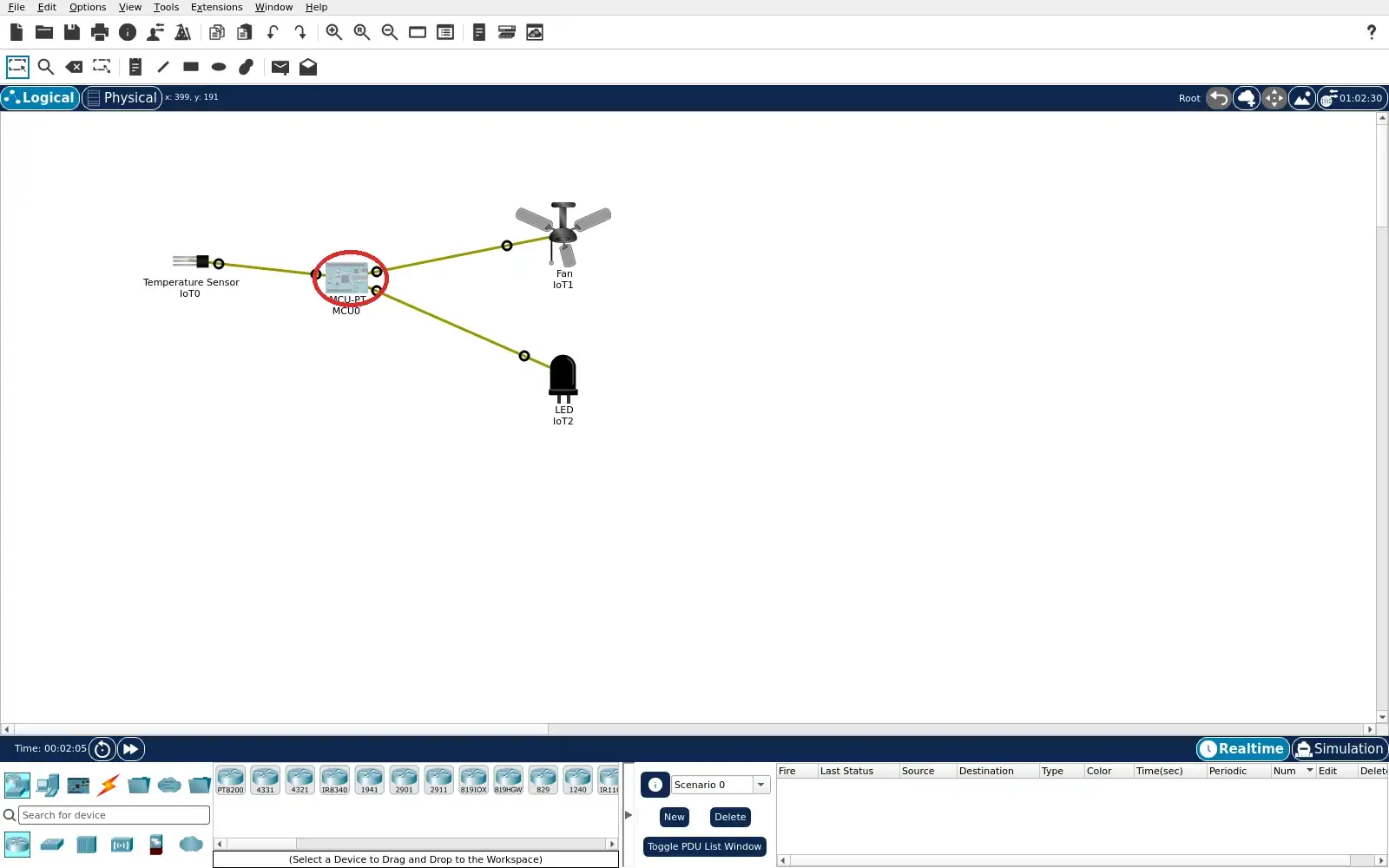 Packet Tracer Logical workspace showing the wired local sensor, MCU, stopped fan and dark LED.