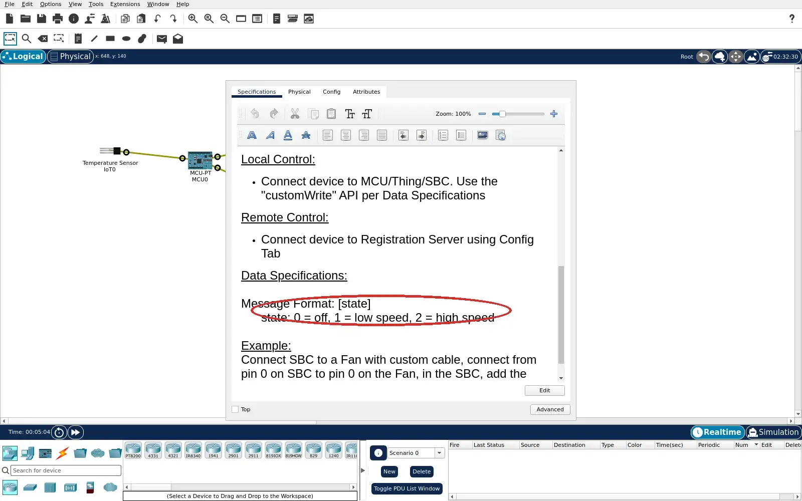 Real Packet Tracer Fan Specifications listing customWrite values Off, Low and High.