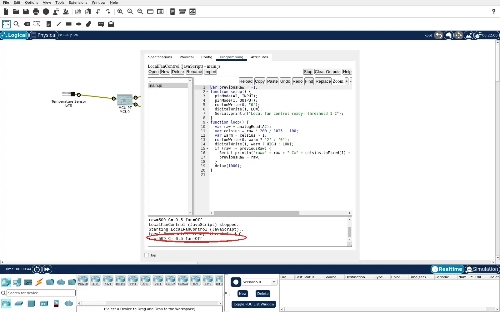 Packet Tracer MCU Programming output reporting raw 509, minus 0.5 C and fan Off.