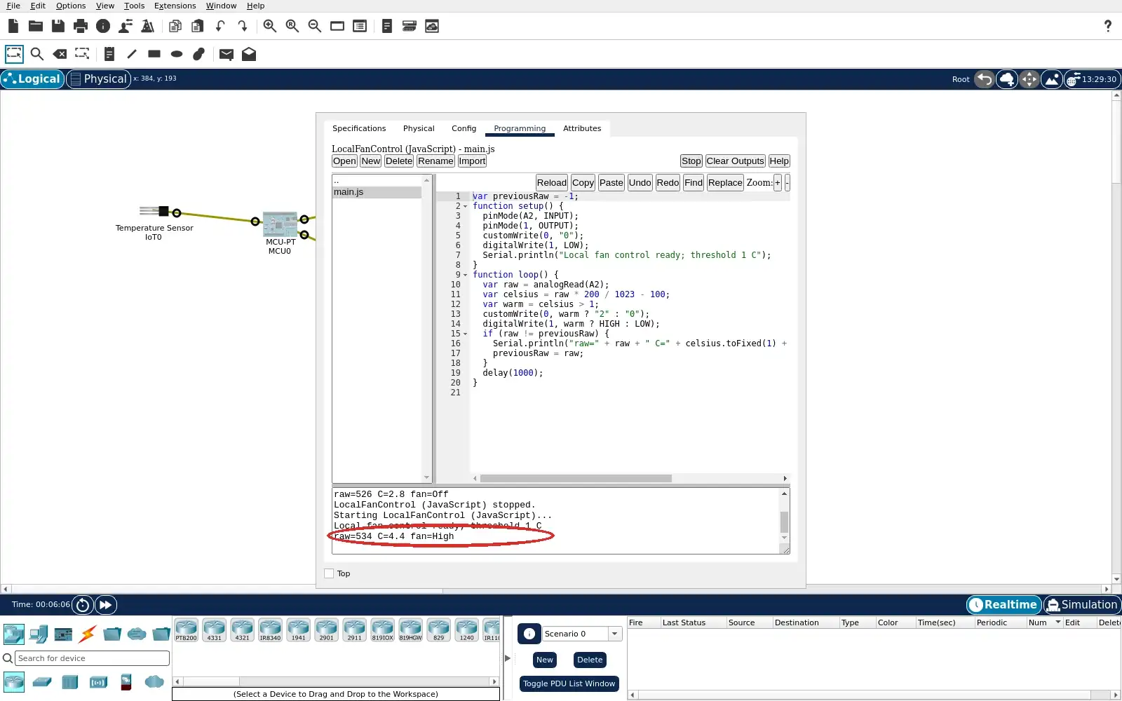 Packet Tracer MCU Programming output reporting raw 534, 4.4 C and fan High.