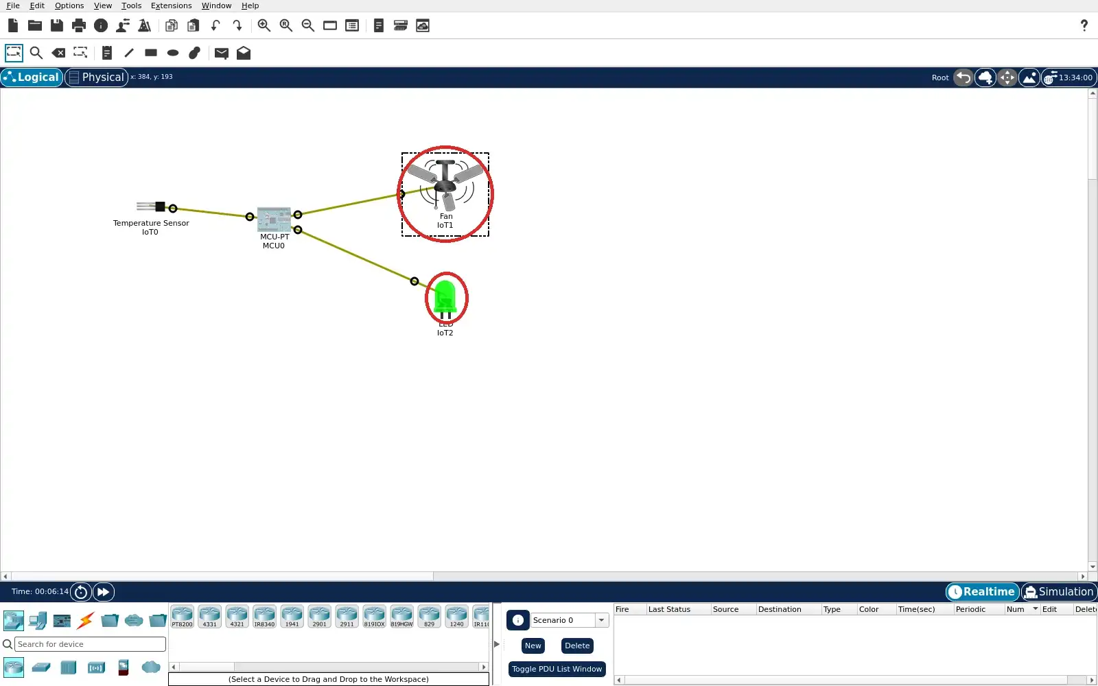 Real Packet Tracer topology with fan motion marks and a lit green LED.