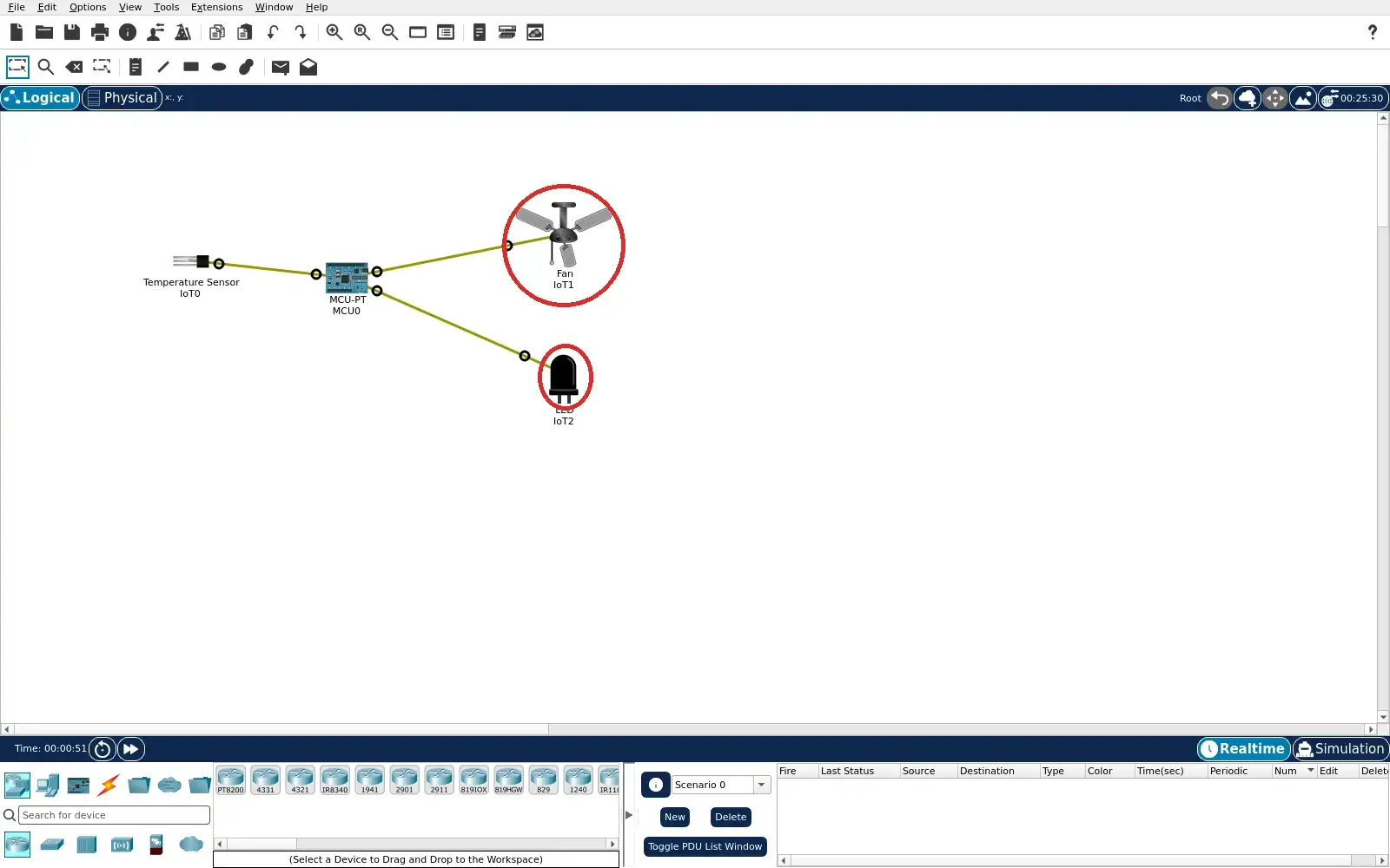 Exact saved Packet Tracer project reopened with stopped fan and dark LED at midnight.