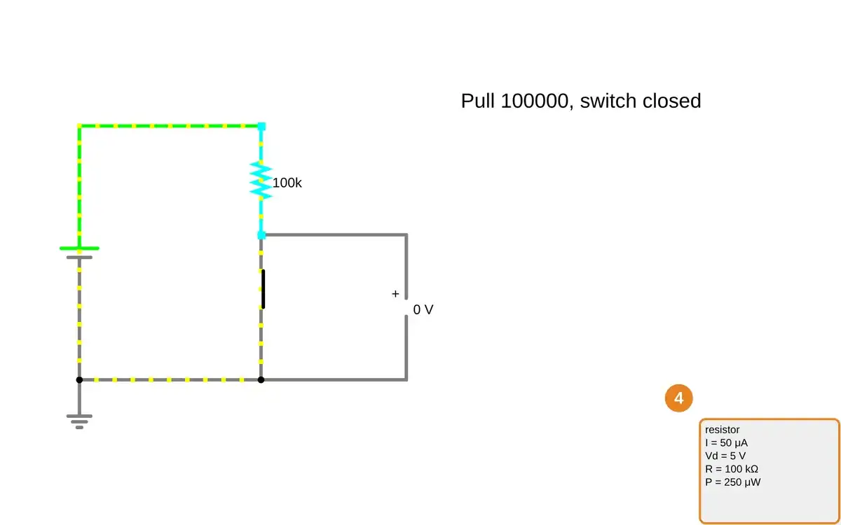 Step 4: Supply: 5 V DC.
Node wire: V = 0 V.
Pull-up resistor: R = 100 kΩ.
Pull-up resistor: I = 50 μA.
Pull-up resistor: Vd = 5 V. Orange outline marks the measurement readout; the complete circuit remains visible.