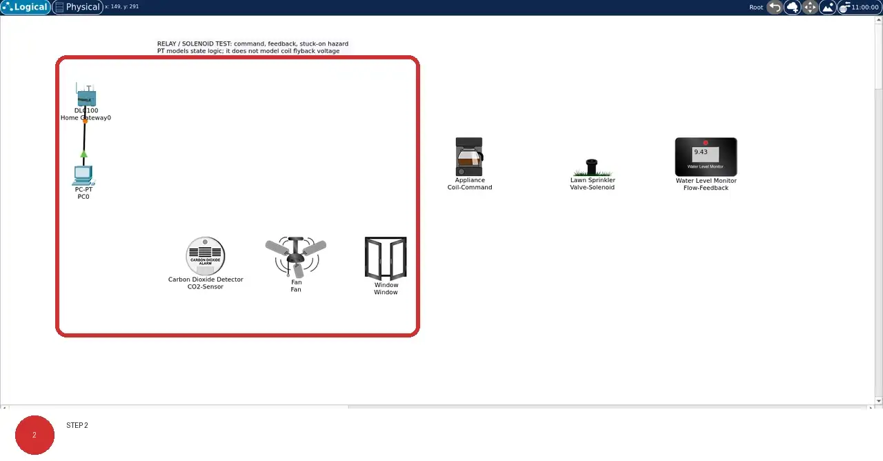 Step 2: real Cisco Packet Tracer 9.0.1 view showing The Logical canvas shows command, sprinkler valve, and water-level feedback Things in this lab's named workspace