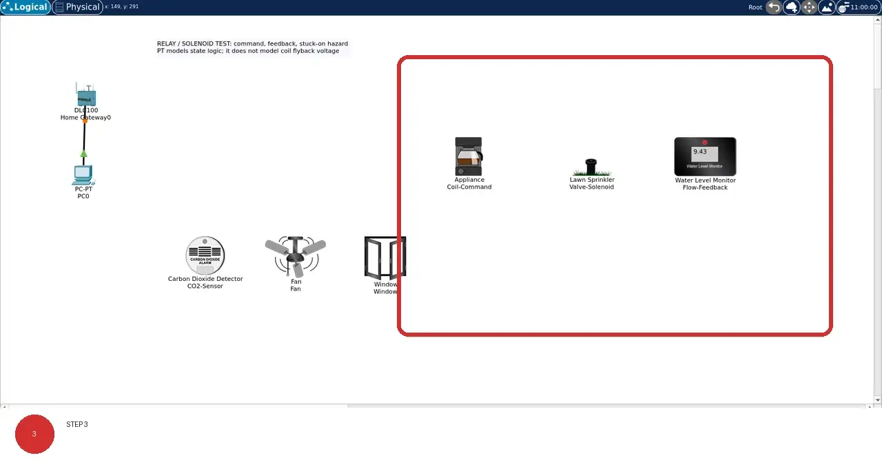 Step 3: real Cisco Packet Tracer 9.0.1 view showing The solid black line connects PC0 to Home Gateway0; where dotted lines are visible, they mark wireless associations