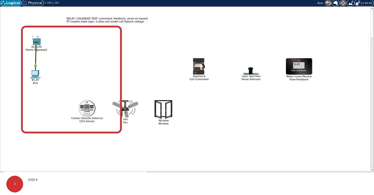 Step 4: real Cisco Packet Tracer 9.0.1 view showing Objects without a line to Home Gateway0 remain visibly outside the registered control path